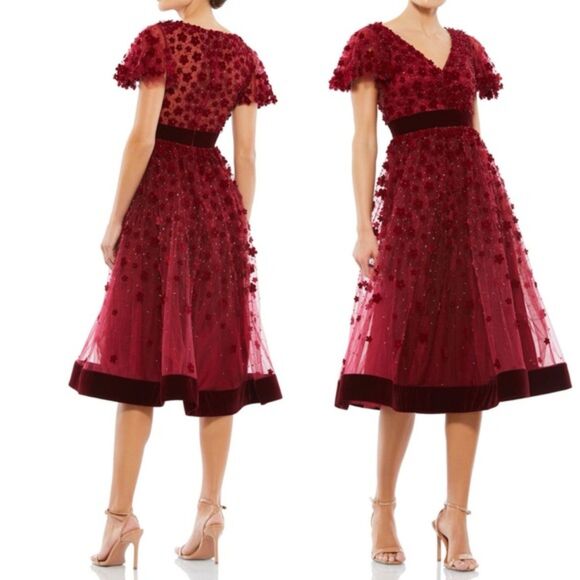 Mac Duggal Burgundy Floral Appliqué Flutter Sleeve Velvet Hem Midi Dress Size 16 - Picture 15 of 15